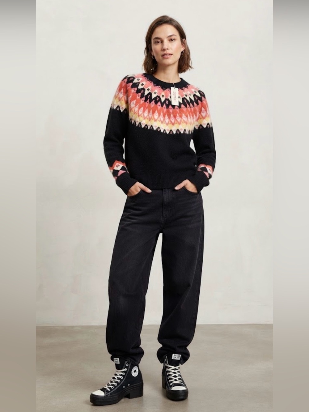Esprit Black Fair Isle Pullover Sweater with Pink & Coral Pattern